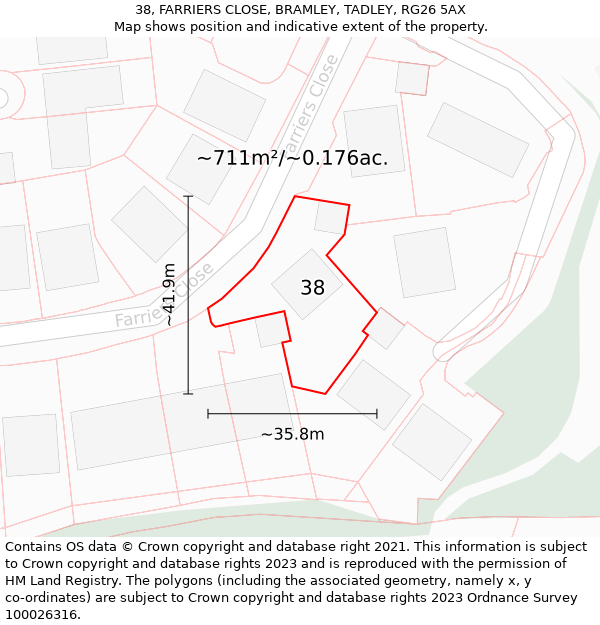 38, FARRIERS CLOSE, BRAMLEY, TADLEY, RG26 5AX: Plot and title map