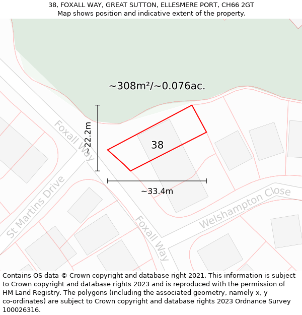 38, FOXALL WAY, GREAT SUTTON, ELLESMERE PORT, CH66 2GT: Plot and title map