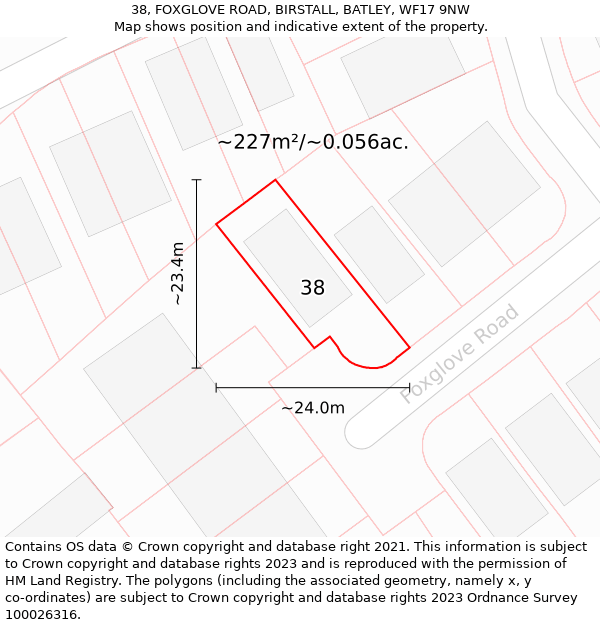 38, FOXGLOVE ROAD, BIRSTALL, BATLEY, WF17 9NW: Plot and title map