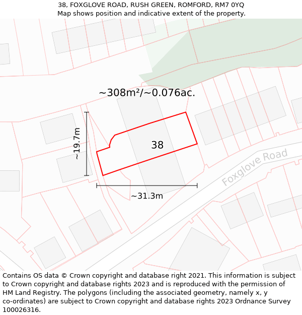 38, FOXGLOVE ROAD, RUSH GREEN, ROMFORD, RM7 0YQ: Plot and title map