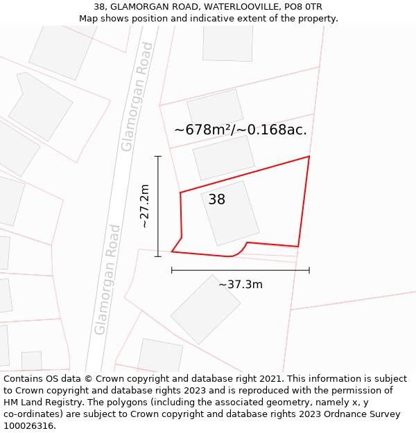 38, GLAMORGAN ROAD, WATERLOOVILLE, PO8 0TR: Plot and title map