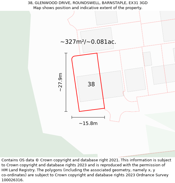 38, GLENWOOD DRIVE, ROUNDSWELL, BARNSTAPLE, EX31 3GD: Plot and title map