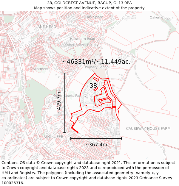 38, GOLDCREST AVENUE, BACUP, OL13 9PA: Plot and title map