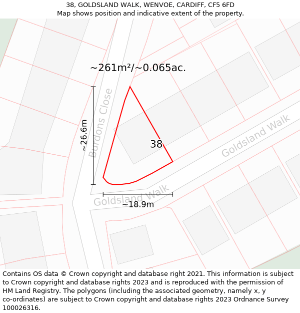 38, GOLDSLAND WALK, WENVOE, CARDIFF, CF5 6FD: Plot and title map