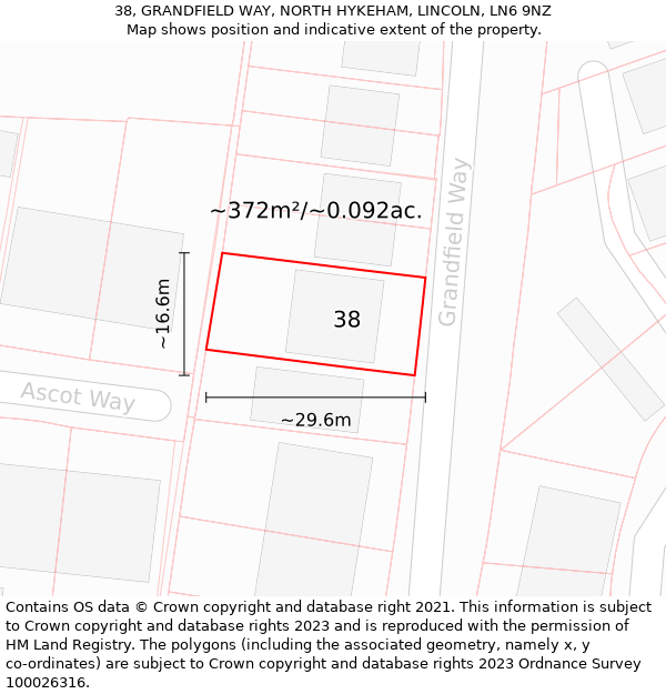 38, GRANDFIELD WAY, NORTH HYKEHAM, LINCOLN, LN6 9NZ: Plot and title map