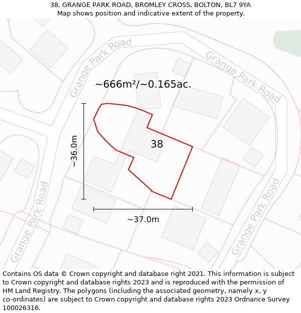 38, GRANGE PARK ROAD, BROMLEY CROSS, BOLTON, BL7 9YA: Plot and title map