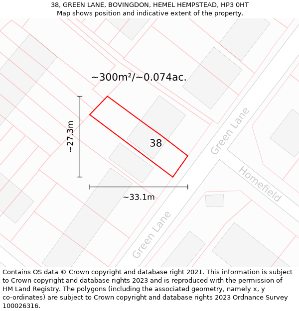 38, GREEN LANE, BOVINGDON, HEMEL HEMPSTEAD, HP3 0HT: Plot and title map
