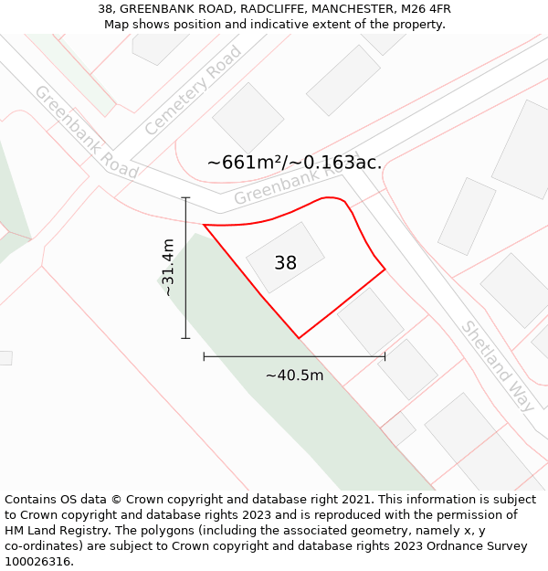 38, GREENBANK ROAD, RADCLIFFE, MANCHESTER, M26 4FR: Plot and title map