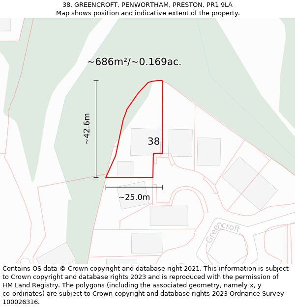 38, GREENCROFT, PENWORTHAM, PRESTON, PR1 9LA: Plot and title map