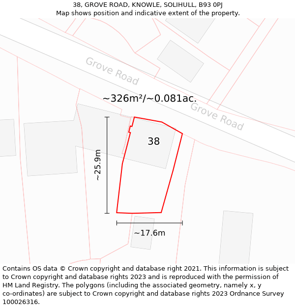 38, GROVE ROAD, KNOWLE, SOLIHULL, B93 0PJ: Plot and title map