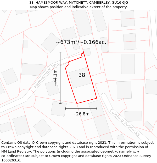 38, HAMESMOOR WAY, MYTCHETT, CAMBERLEY, GU16 6JG: Plot and title map