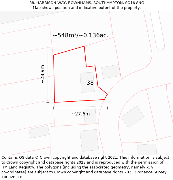 38, HARRISON WAY, ROWNHAMS, SOUTHAMPTON, SO16 8NG: Plot and title map