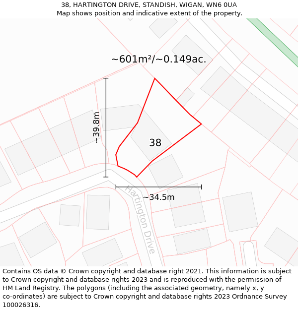 38, HARTINGTON DRIVE, STANDISH, WIGAN, WN6 0UA: Plot and title map