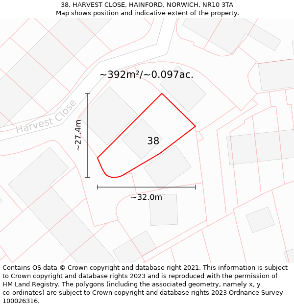 38, HARVEST CLOSE, HAINFORD, NORWICH, NR10 3TA: Plot and title map