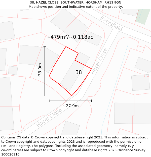 38, HAZEL CLOSE, SOUTHWATER, HORSHAM, RH13 9GN: Plot and title map