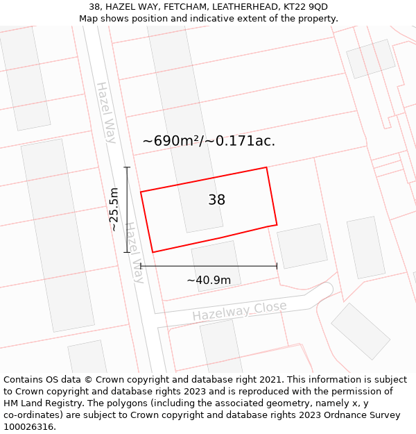 38, HAZEL WAY, FETCHAM, LEATHERHEAD, KT22 9QD: Plot and title map