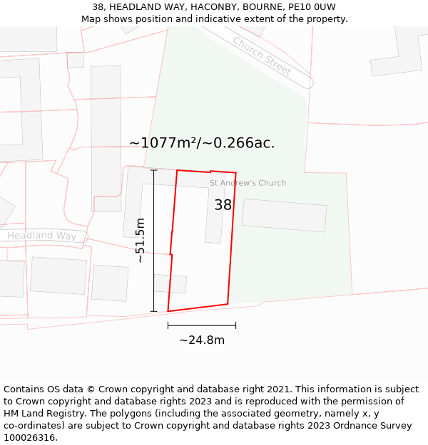 38, HEADLAND WAY, HACONBY, BOURNE, PE10 0UW: Plot and title map