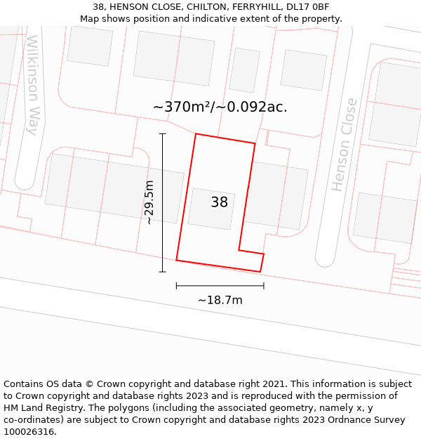 38, HENSON CLOSE, CHILTON, FERRYHILL, DL17 0BF: Plot and title map