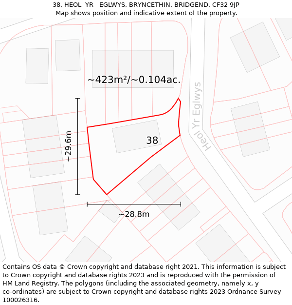 38, HEOL  YR   EGLWYS, BRYNCETHIN, BRIDGEND, CF32 9JP: Plot and title map