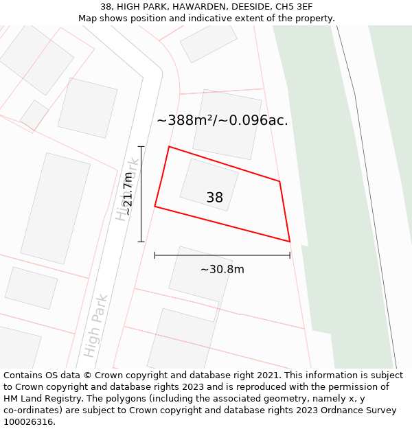 38, HIGH PARK, HAWARDEN, DEESIDE, CH5 3EF: Plot and title map