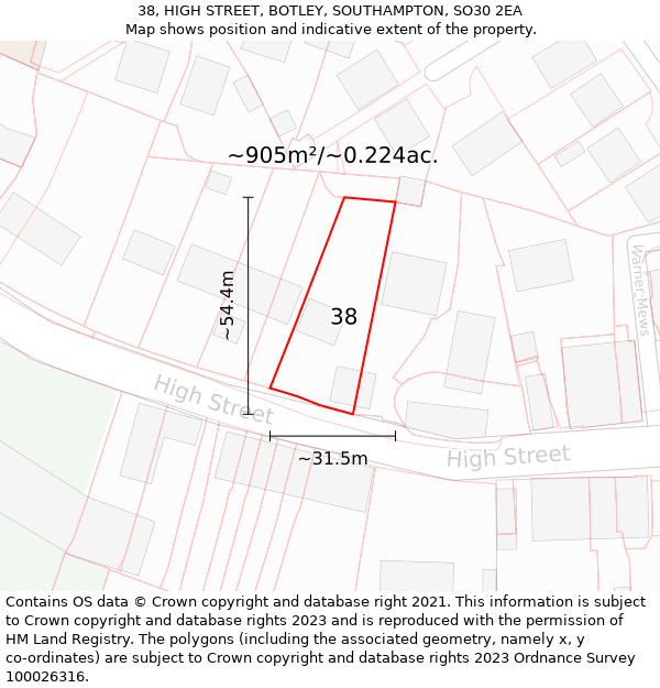 38, HIGH STREET, BOTLEY, SOUTHAMPTON, SO30 2EA: Plot and title map