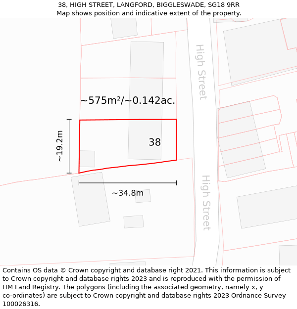 38, HIGH STREET, LANGFORD, BIGGLESWADE, SG18 9RR: Plot and title map