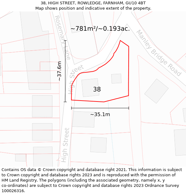 38, HIGH STREET, ROWLEDGE, FARNHAM, GU10 4BT: Plot and title map