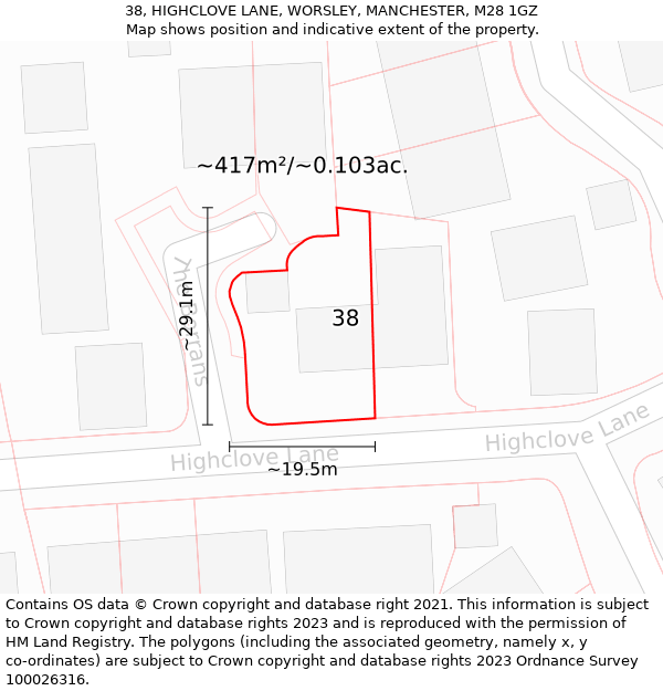 38, HIGHCLOVE LANE, WORSLEY, MANCHESTER, M28 1GZ: Plot and title map