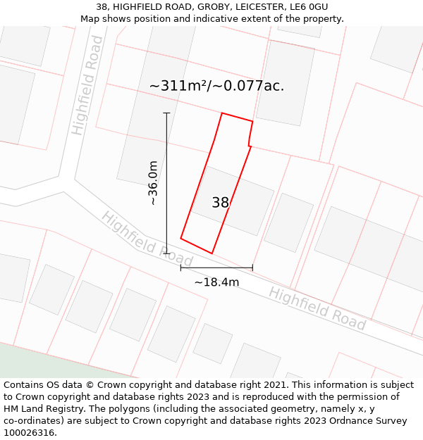 38, HIGHFIELD ROAD, GROBY, LEICESTER, LE6 0GU: Plot and title map