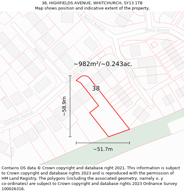 38, HIGHFIELDS AVENUE, WHITCHURCH, SY13 1TB: Plot and title map