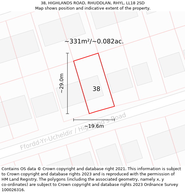 38, HIGHLANDS ROAD, RHUDDLAN, RHYL, LL18 2SD: Plot and title map