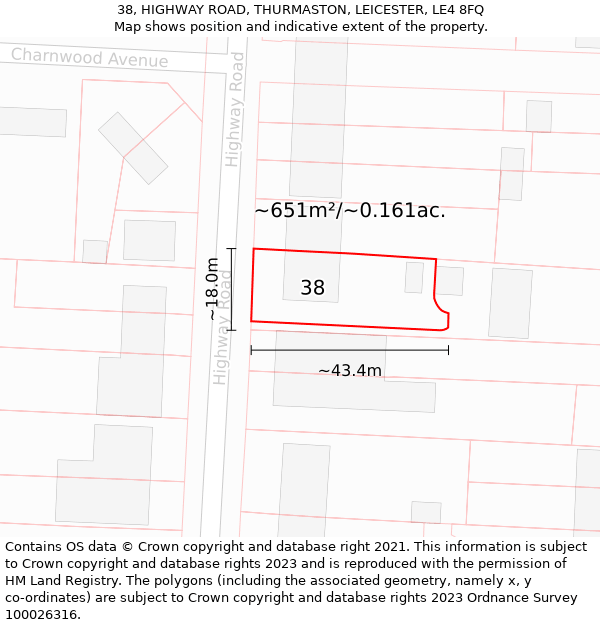 38, HIGHWAY ROAD, THURMASTON, LEICESTER, LE4 8FQ: Plot and title map