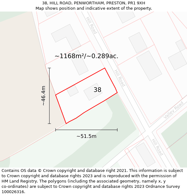 38, HILL ROAD, PENWORTHAM, PRESTON, PR1 9XH: Plot and title map