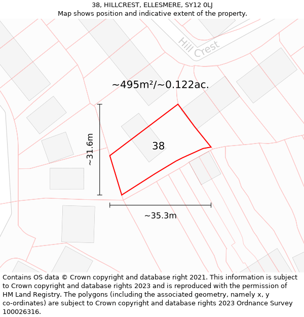 38, HILLCREST, ELLESMERE, SY12 0LJ: Plot and title map