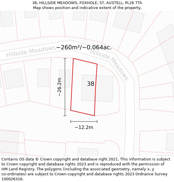 38, HILLSIDE MEADOWS, FOXHOLE, ST. AUSTELL, PL26 7TA: Plot and title map