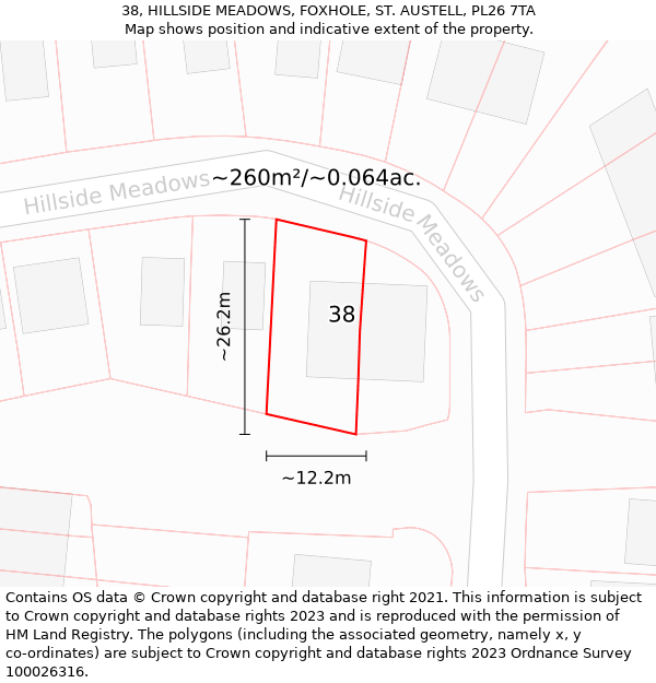 38, HILLSIDE MEADOWS, FOXHOLE, ST AUSTELL, PL26 7TA: Plot and title map