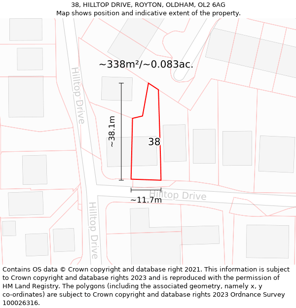 38, HILLTOP DRIVE, ROYTON, OLDHAM, OL2 6AG: Plot and title map