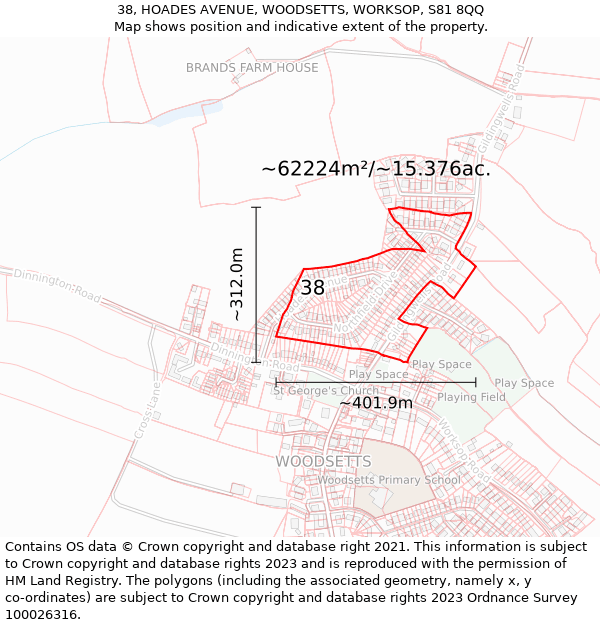 38, HOADES AVENUE, WOODSETTS, WORKSOP, S81 8QQ: Plot and title map