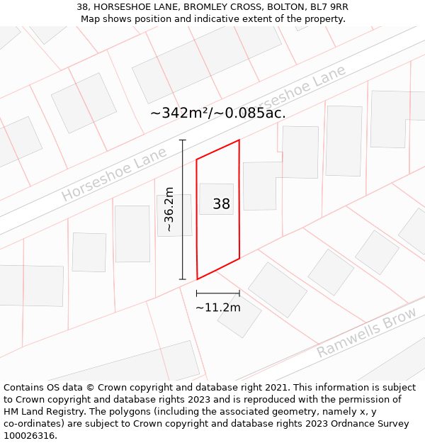 38, HORSESHOE LANE, BROMLEY CROSS, BOLTON, BL7 9RR: Plot and title map