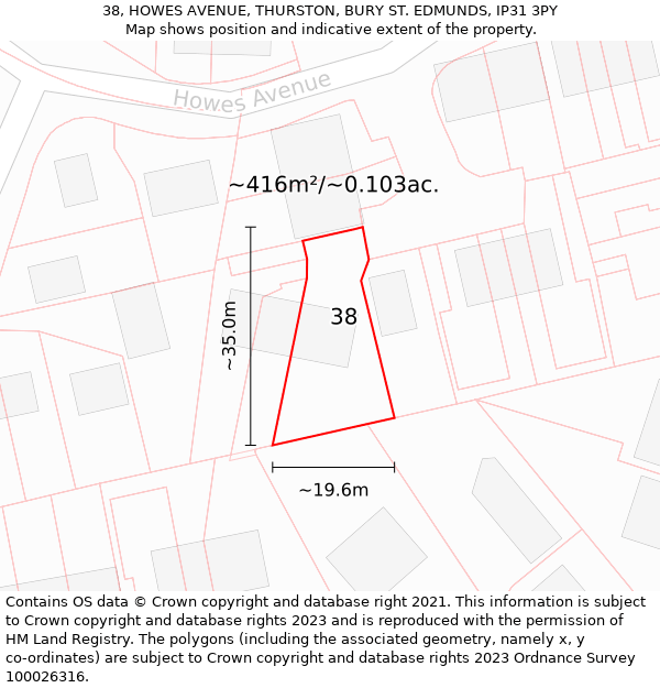 38, HOWES AVENUE, THURSTON, BURY ST. EDMUNDS, IP31 3PY: Plot and title map