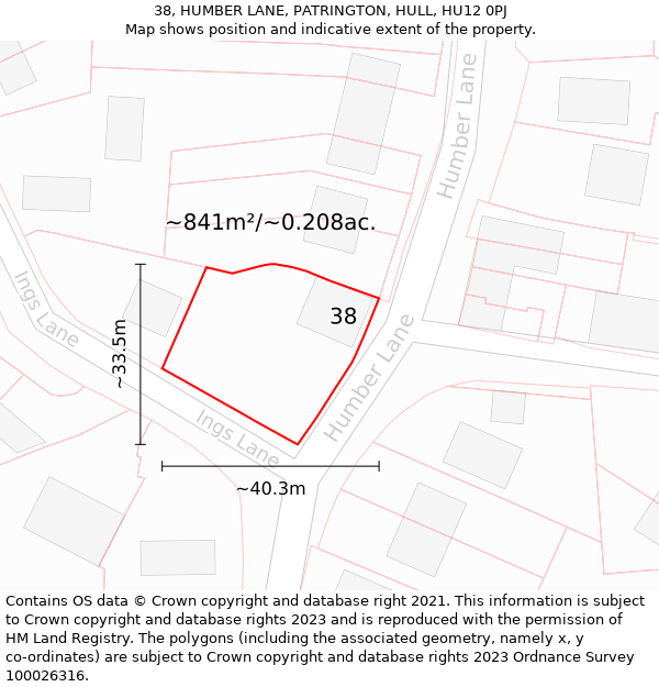 38, HUMBER LANE, PATRINGTON, HULL, HU12 0PJ: Plot and title map