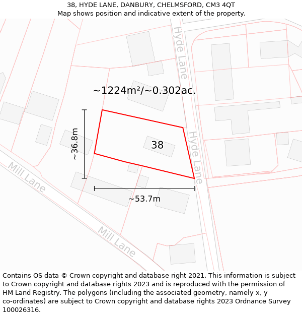 38, HYDE LANE, DANBURY, CHELMSFORD, CM3 4QT: Plot and title map