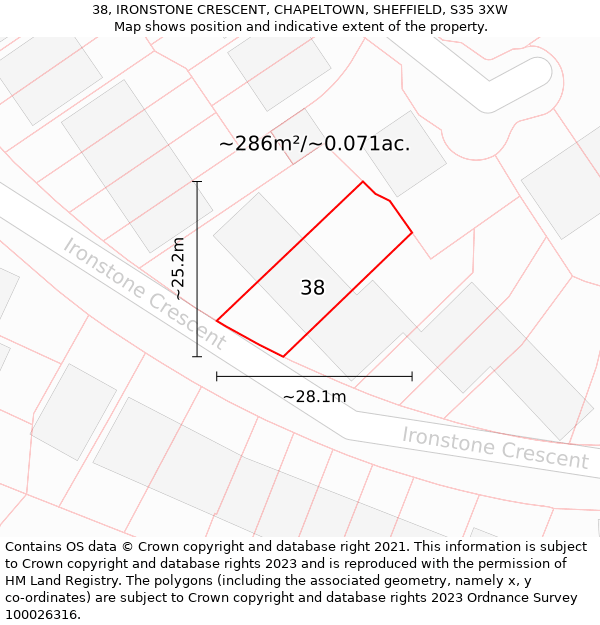 38, IRONSTONE CRESCENT, CHAPELTOWN, SHEFFIELD, S35 3XW: Plot and title map