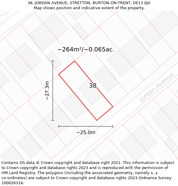 38, JORDAN AVENUE, STRETTON, BURTON-ON-TRENT, DE13 0JA: Plot and title map