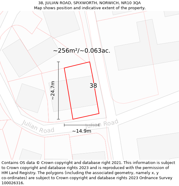 38, JULIAN ROAD, SPIXWORTH, NORWICH, NR10 3QA: Plot and title map