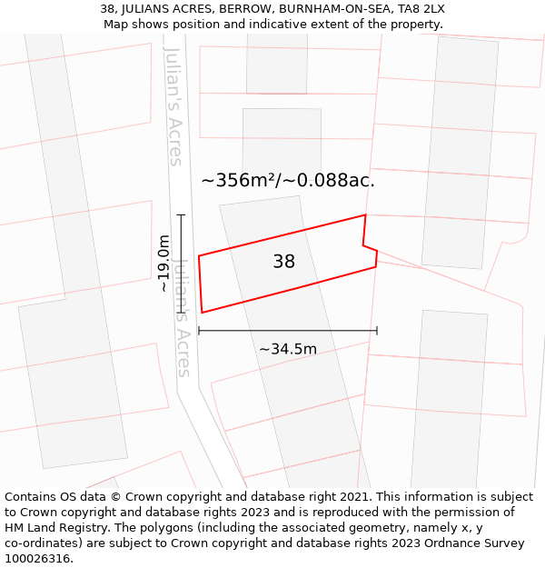 38, JULIANS ACRES, BERROW, BURNHAM-ON-SEA, TA8 2LX: Plot and title map