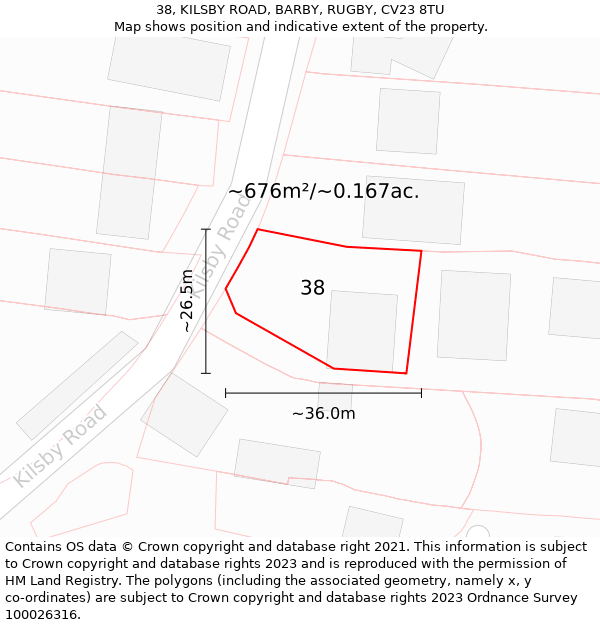 38, KILSBY ROAD, BARBY, RUGBY, CV23 8TU: Plot and title map