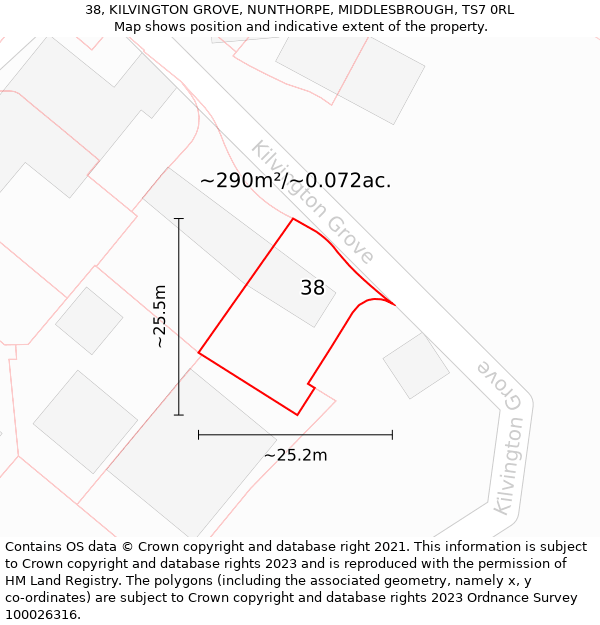 38, KILVINGTON GROVE, NUNTHORPE, MIDDLESBROUGH, TS7 0RL: Plot and title map