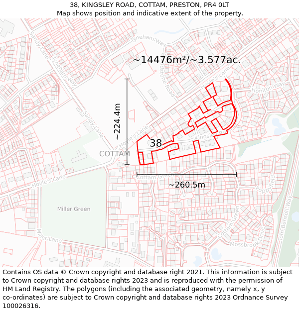 38, KINGSLEY ROAD, COTTAM, PRESTON, PR4 0LT: Plot and title map