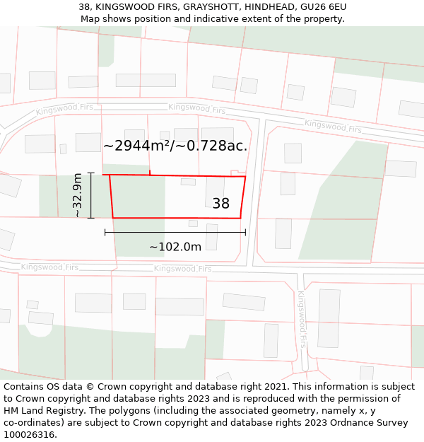 38, KINGSWOOD FIRS, GRAYSHOTT, HINDHEAD, GU26 6EU: Plot and title map